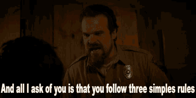 a picture of a person with the words and all i ask of you is that you follow three simples rules
