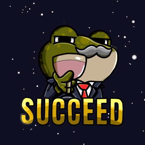 a frog in a suit and tie is holding a glass of wine and the word succeed is behind him