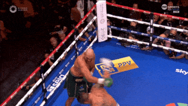 two men in a boxing ring with a ppv sign on the floor