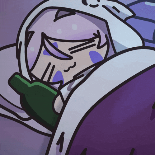 a cartoon drawing of a person sleeping with a bottle on their chest