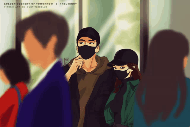 a drawing of a man and a woman wearing masks with the words golden scenery of tomorrow
