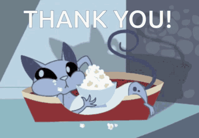 a thank you card with a cat eating popcorn in a bowl