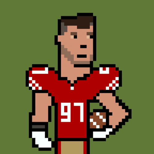 a pixel art drawing of a football player with the number 97 on his jersey