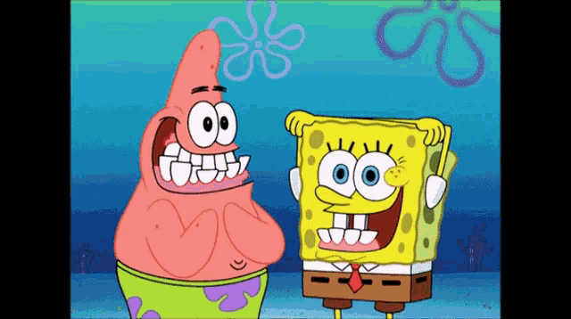spongebob and patrick are standing next to each other with their mouths open