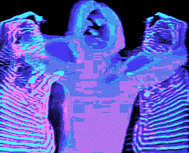 a computer generated image of a person 's torso in purple and blue