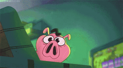 a cartoon pig with big eyes and a hat is standing on a green couch .