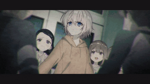 a girl with white hair and blue eyes is surrounded by other girls
