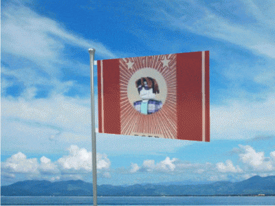 a red and white flag with a picture of a dog and the words ' united states of america ' on it