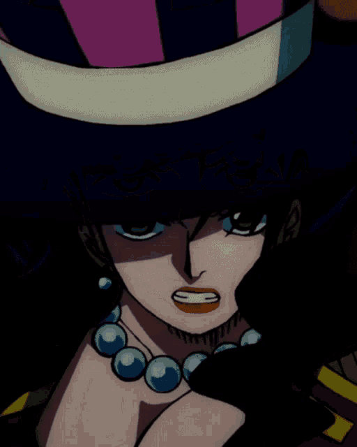 a close up of a cartoon character with a hat and necklace