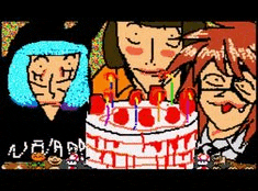 a cartoon of three people blowing out candles on a cake .