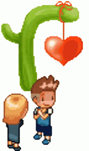 a pixel art drawing of a boy looking at a heart hanging from a plant