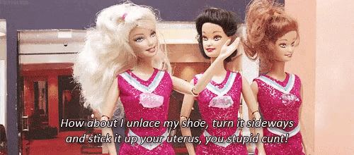 three barbie dolls are standing next to each other with one saying how about i unlace my shoe turn it sideways