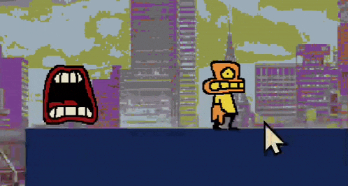 a computer screen shows a cartoon character with a mouth open