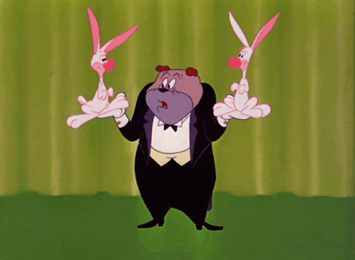 a cartoon character in a tuxedo is holding two pink rabbits in his hands