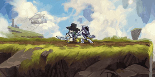 a cartoon of a man holding a sword standing on a hill