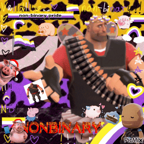 a picture of a man holding a gun with the word nonbinary in red letters