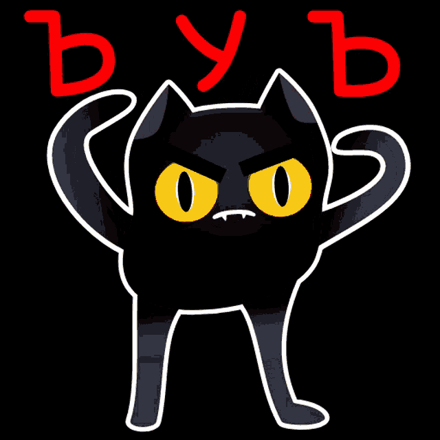 a black cat with yellow eyes and the word byb written in red