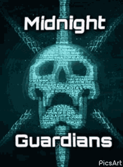 a poster for midnight guardians with a skull on it