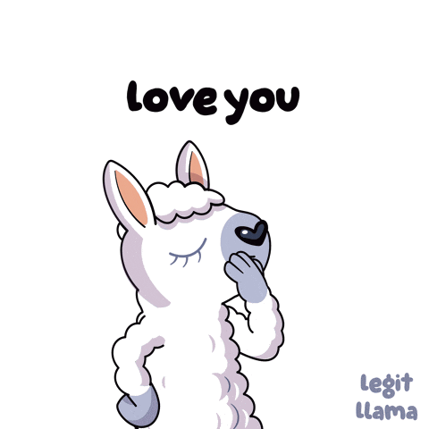 a cartoon llama blowing a kiss with the words " love you " below it