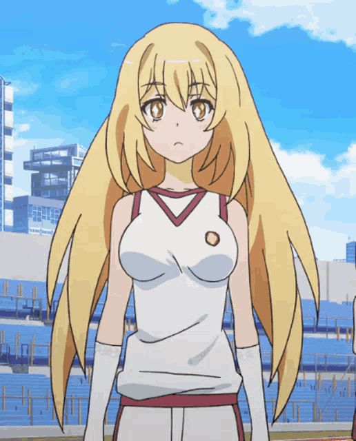 a cartoon girl with long blonde hair is wearing a white tank top with a red v-neck