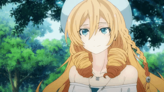 a girl with blonde hair and blue eyes looks at the camera