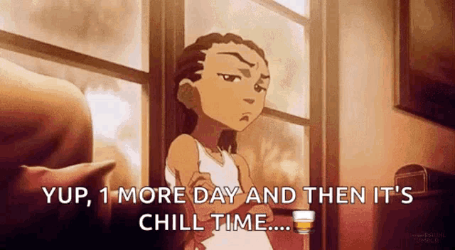 a cartoon character is sitting in front of a window with his arms crossed and a glass of whiskey in his hand .