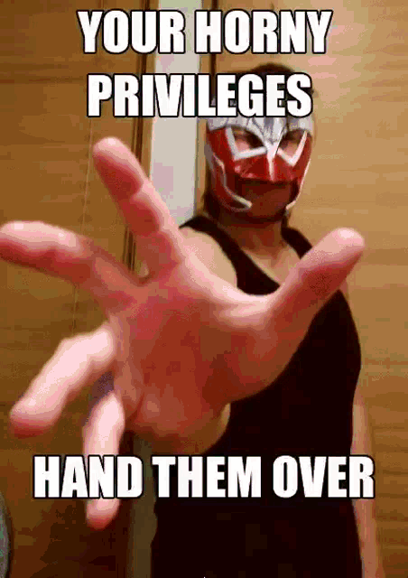 a woman wearing a mask with the words your horny privileges hand them over written on it