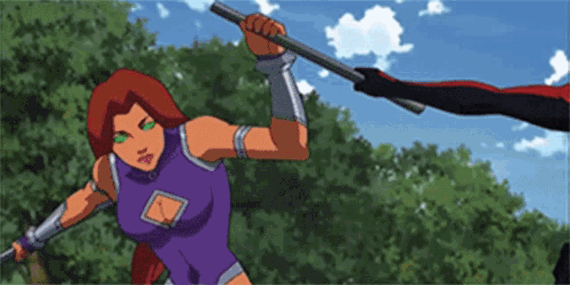 a cartoon character is holding a stick in her hand and fighting another character .