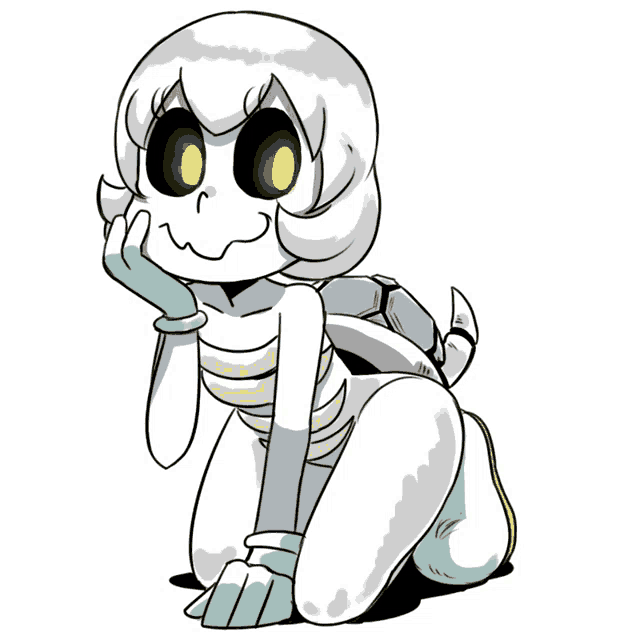 a cartoon drawing of a skeleton girl with a turtle shell on her back