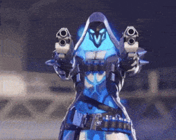 a video game character is holding two guns in front of him