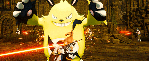 a video game character is fighting a yellow monster