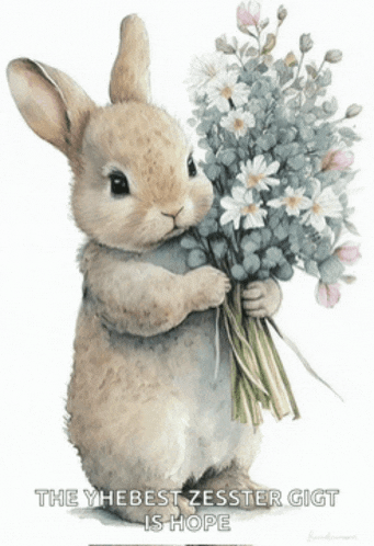 a picture of a rabbit holding a bouquet of flowers with the words " the y hebest zeester gigt is hope "