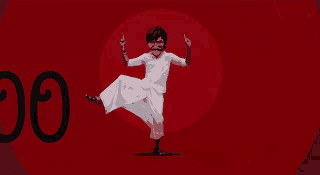 a man with a mustache is dancing in front of a red background that says ' 00000 '