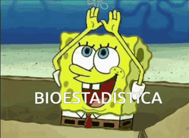 a cartoon of spongebob saying bioestadistica with his hands up