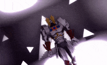 a robot with a crown on his head is standing in front of a triangle