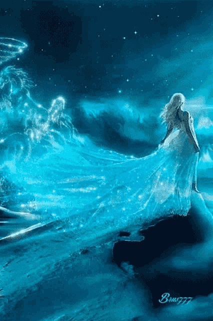 a painting of a woman in a long blue dress with the numbers 777 on the bottom right