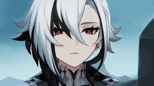 a girl with black and white hair has a red x on her eye