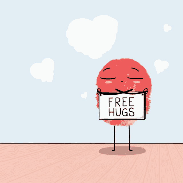 a cartoon character holding up a sign that says free hugs