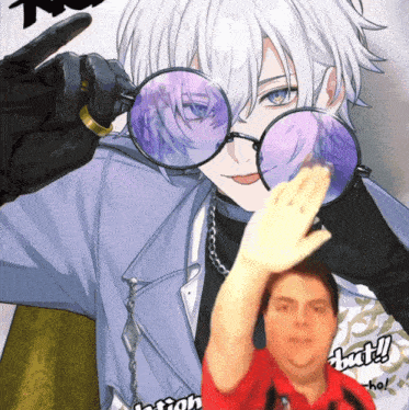 a man wearing sunglasses and a shirt that says ' ho ' on it stands next to a cartoon character