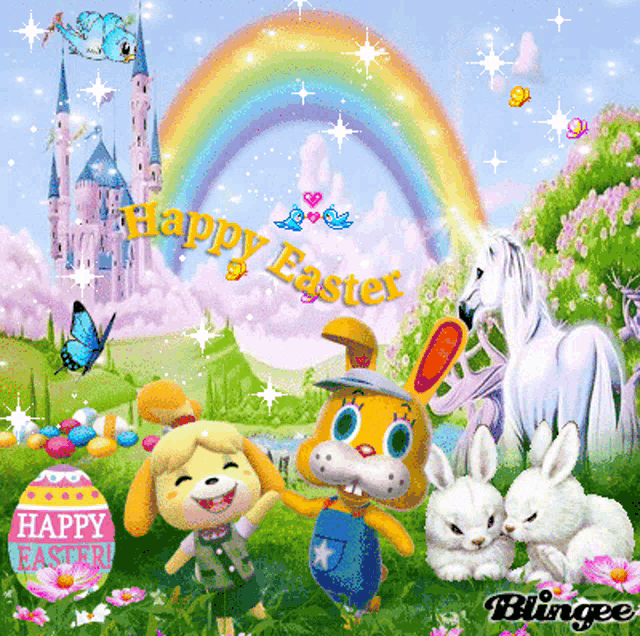 a happy easter greeting card with rabbits and a castle in the background