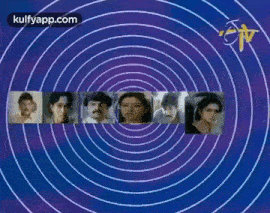 a group of people are standing in a circle on a blue background