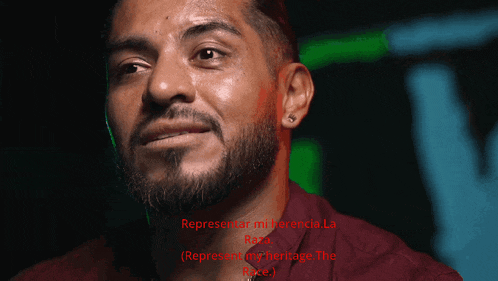 a close up of a man 's face with the words representar mi herencia la reza