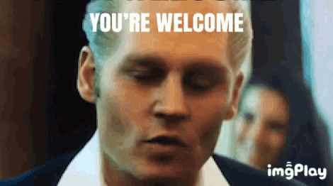 a close up of a man 's face with the words you 're welcome written on it