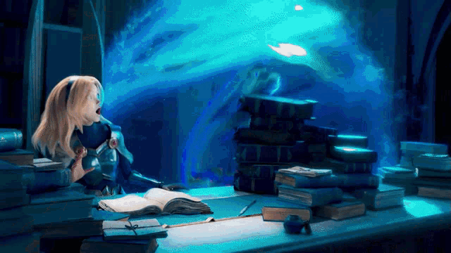 a woman sits at a table with a stack of books and a bottle of potion