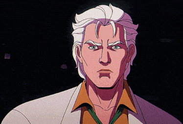 a cartoon of a man with white hair and a yellow shirt