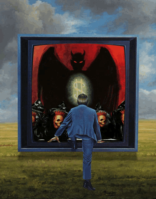 a painting of a man standing in front of a screen with a dollar sign and a devil on it