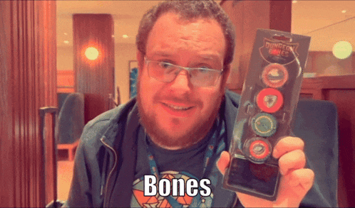 a man with a beard is holding a package of bones