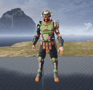 a video game character is standing in front of a mountain and the ocean