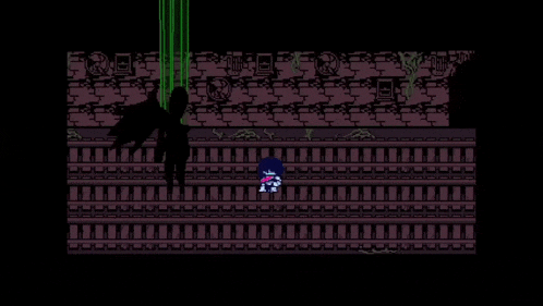 a screenshot of a video game with a person standing in the middle of a dark room .