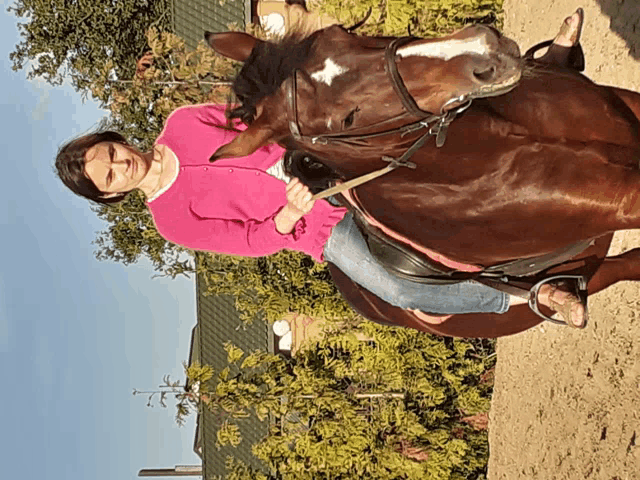 a woman in a pink sweater riding a brown horse